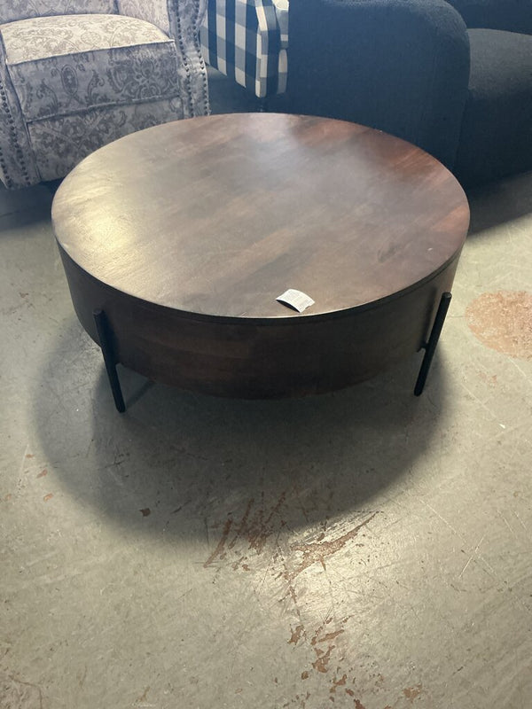 Rayburn Mango Wood Round Drum Coffee Table- Walnut (as-is scratch)